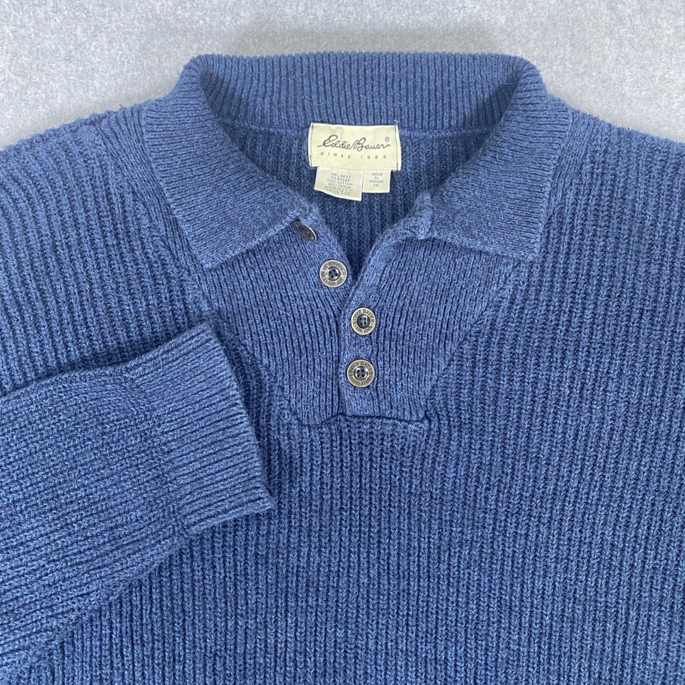 Eddie Bauer Henley Sweater Mens XL Blue Ribbed Knit Cotton Made in USA Vintage